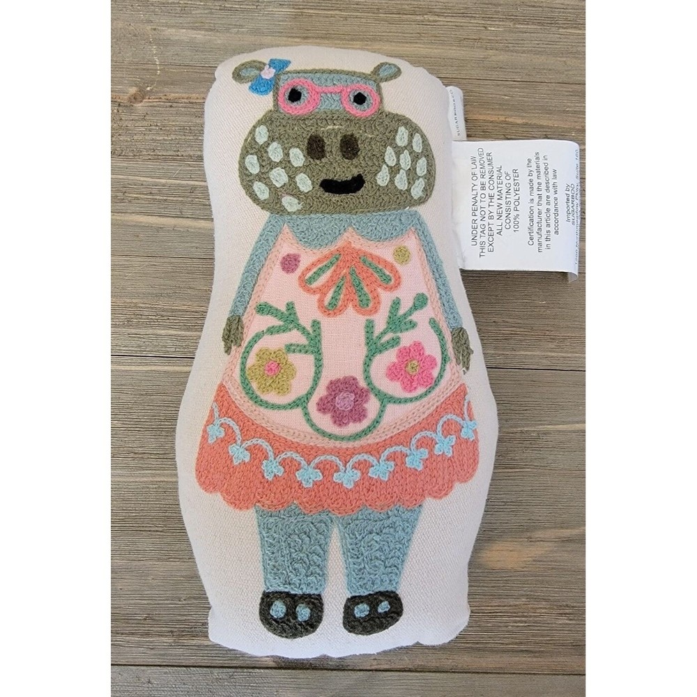 Sugarboo & Co. Embroidered Funky Hippo Pillow 10×6 Boutique Linen Folk Art Whims